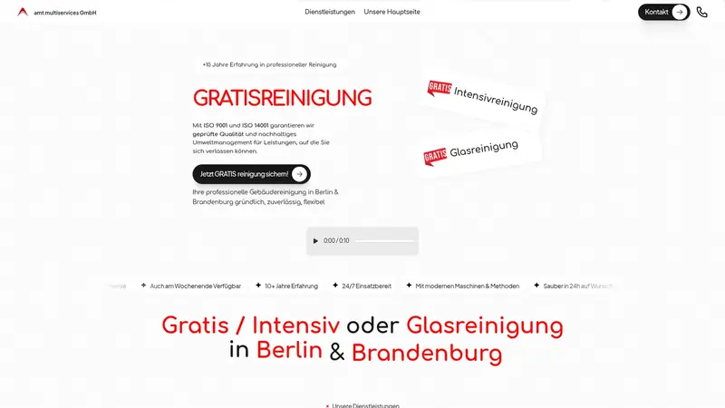 Desktop-Ansicht von Gratisreinigung.de, Landingpage für Geschäftskunden in Berlin und Brandenburg